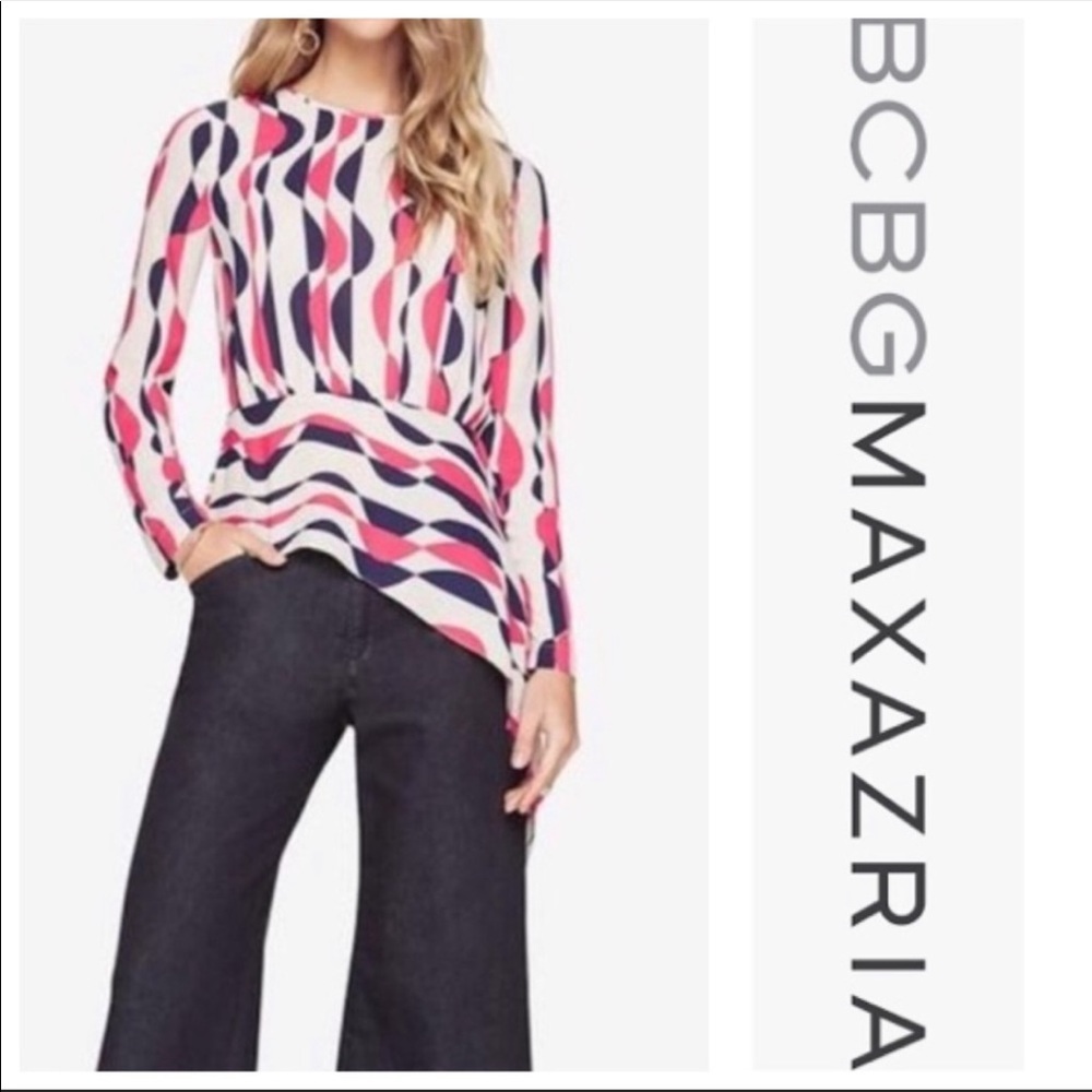 BCBGMaxAzria Pink, Navy & White Wave-Print Long-Sleeve Top